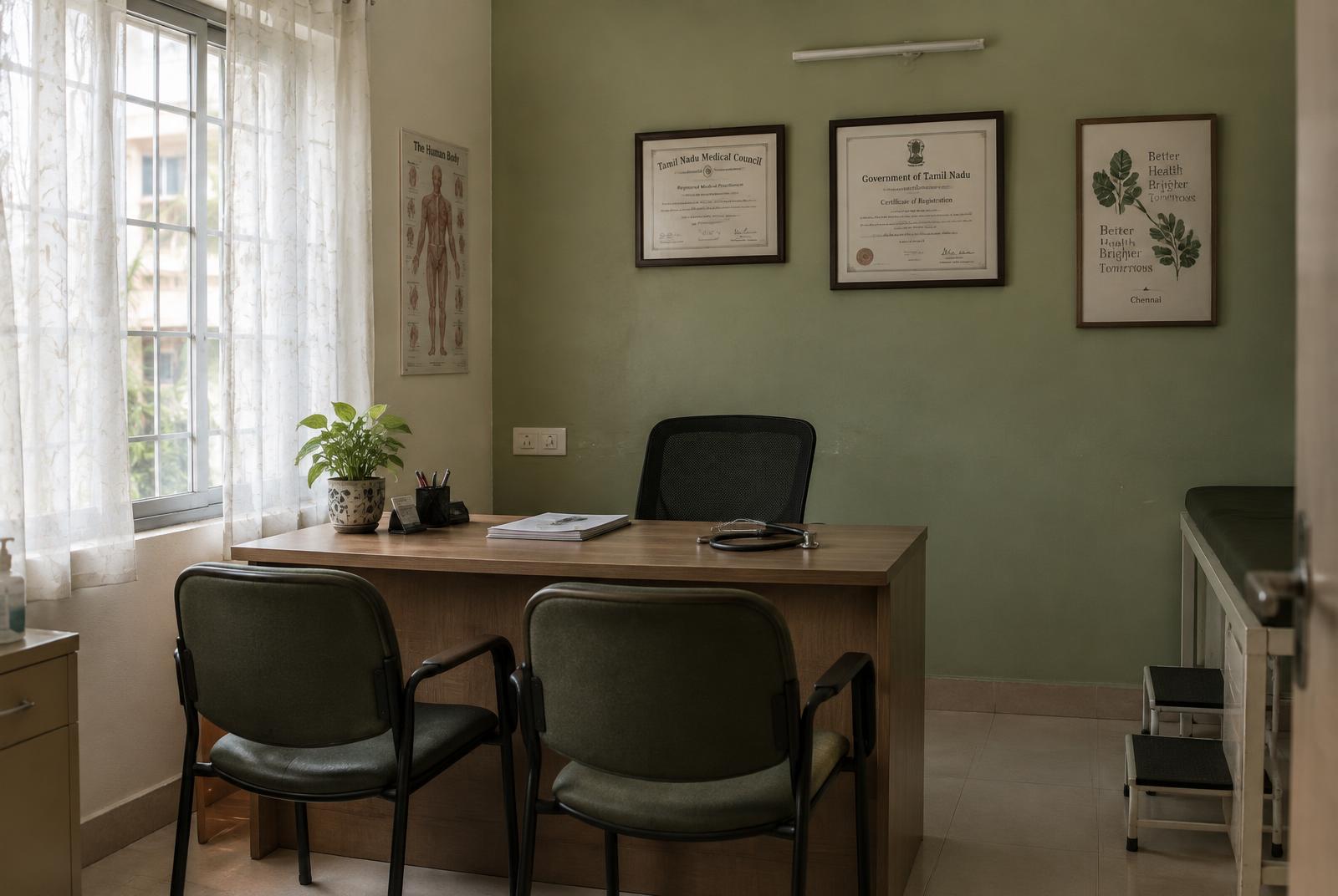 A quiet consultation room at Trident Pain Clinics with soft daylight, a wooden desk and framed registrations on an olive wall